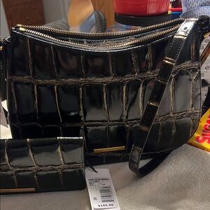 Elegant Black Croc-Embossed Shoulder Bag with matching wallet